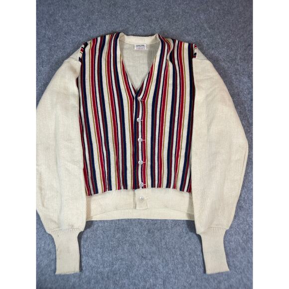 Vintage 70s Lord Jeff Lorlink Cardigan Mens Large Beige Striped Knit Wool V Neck - Picture 1 of 11